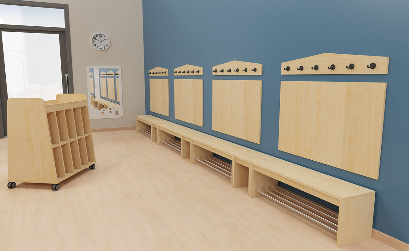 Garderobe Spiel- und Stauraum Garderobe Spiel- und Stauraum Ausschnitt mit Flexeo Armadio Garderobe und EduCasa Taschenwagen und Spiegel Haus