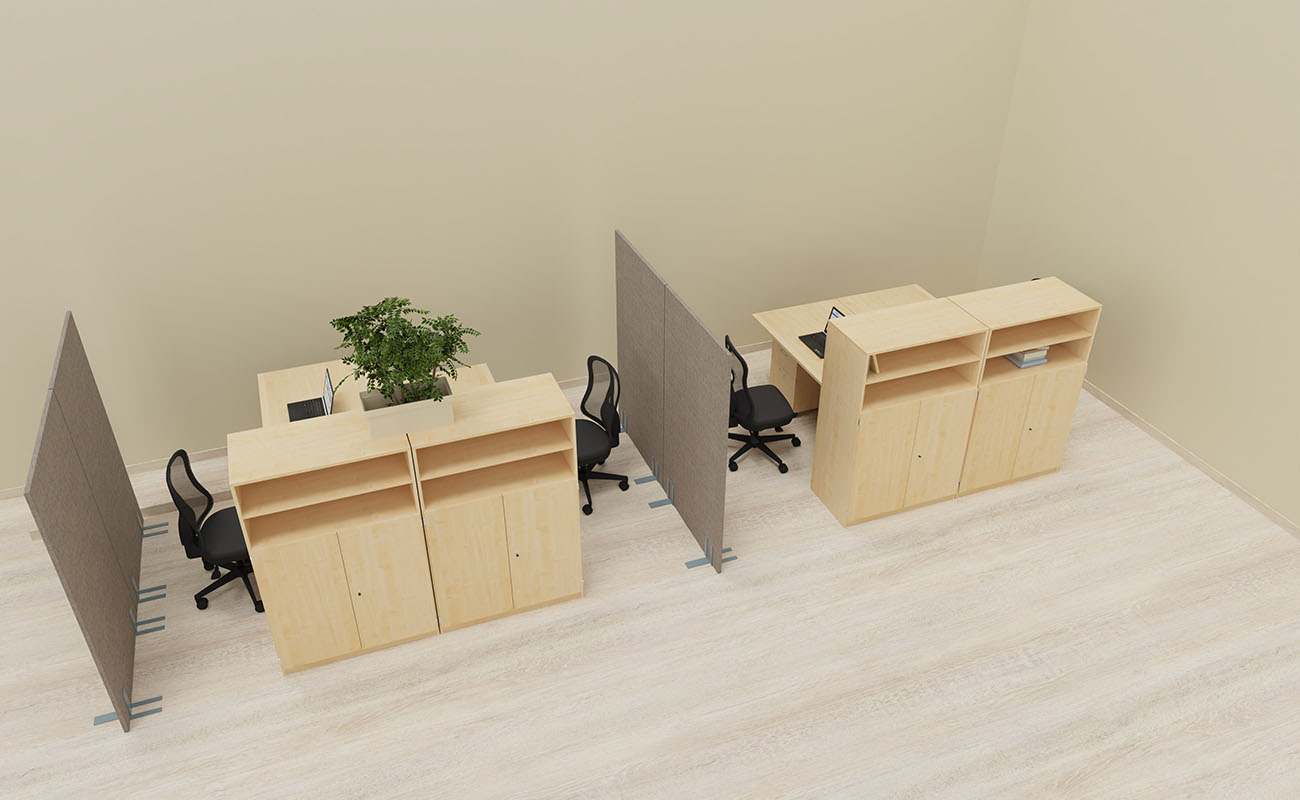 Lehrerzimmer Lehrkraft-Lounge Ecke Lehrerzimmer Lehrkraft Lounge Ecke mit höhenverstellbaren Schreibtischen, Flexeo Schränken und Schallschutzwänden