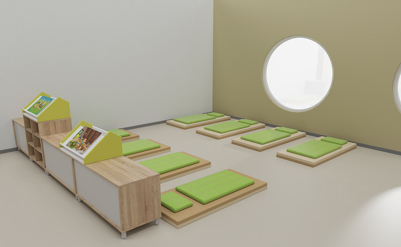 Schlafraum Spiel und Schlummerstube Schlafraum Spiel und Schlummerstube mit Flexeo Raumtrenner mit Bücherpult, Wickeltisch, Bodensitzpolstern, EduCasa Traumhaus, Bücherwagen und Bücherregal