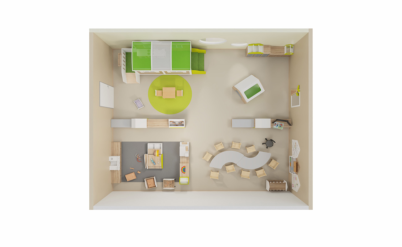 Gruppenraum Bauwagen mit Bodenspieltisch, Raumtrenner, Flexeo Regalen und Spielhaus Sinne