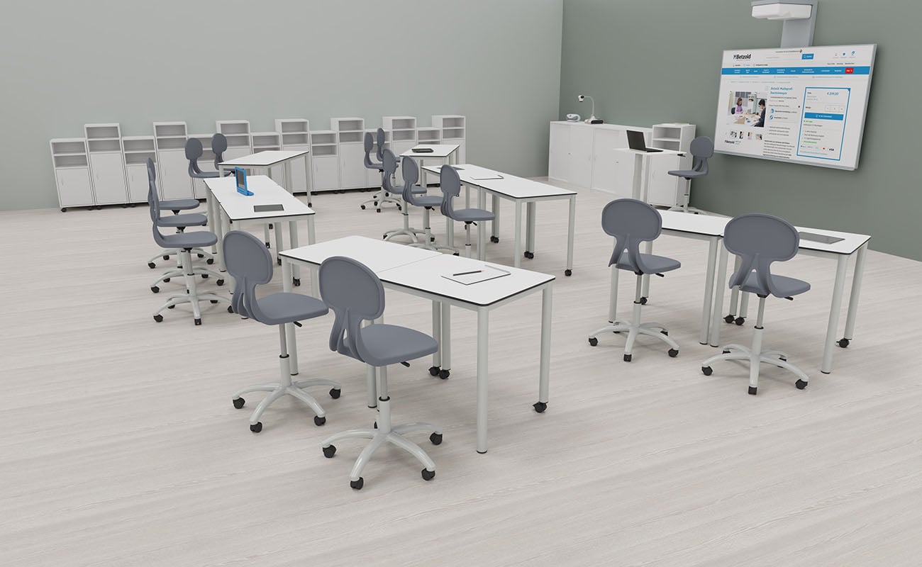 Klassenzimmer Wissensnetz Klassenzimmer Wissensnetz Ecke 1 Frontalunterricht Bereich mit Einzeltischen, Drehstühlen, Flexeo Caddys und Whiteboard