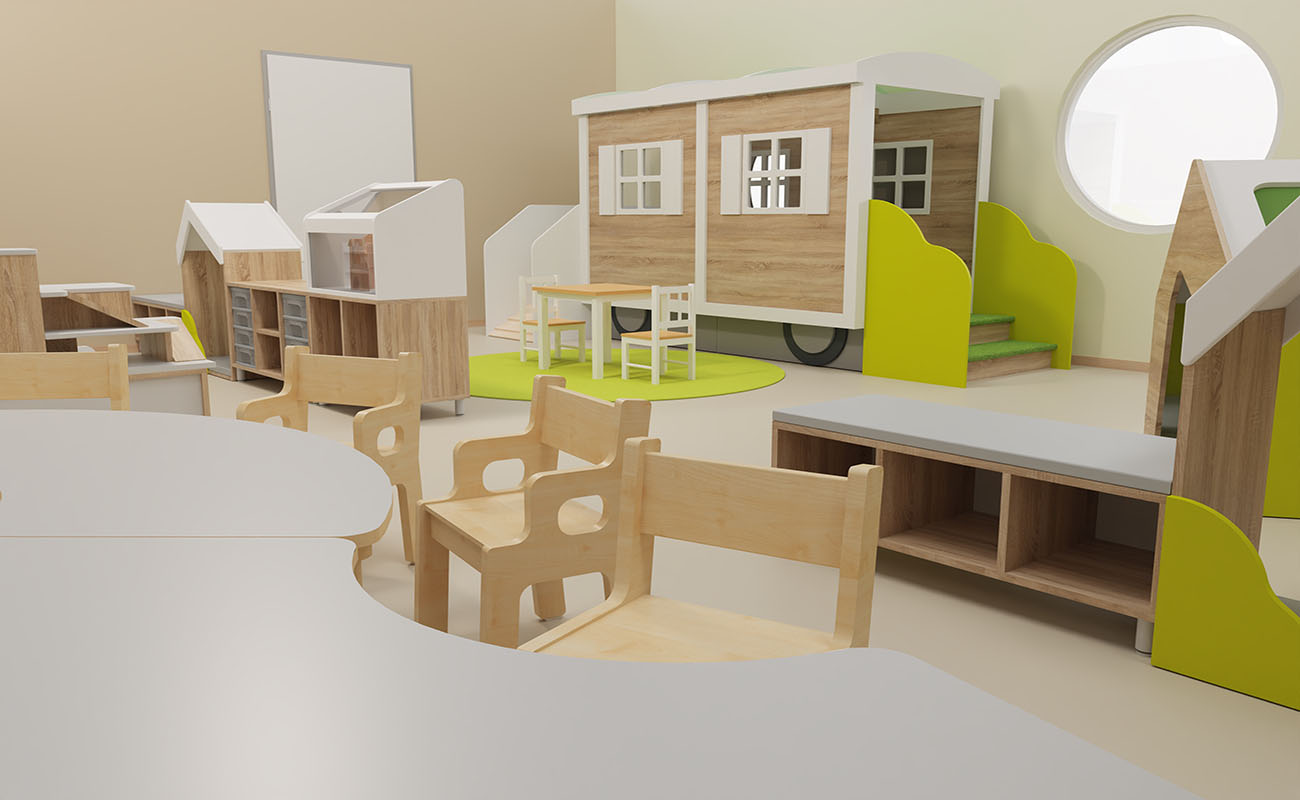 Gruppenraum Bauwagen mit EduCasa Bauwagen, Spielhaus Sinne, Raumtrenner, Vitrinen-Aufsatz und Flexeo Sitzecke