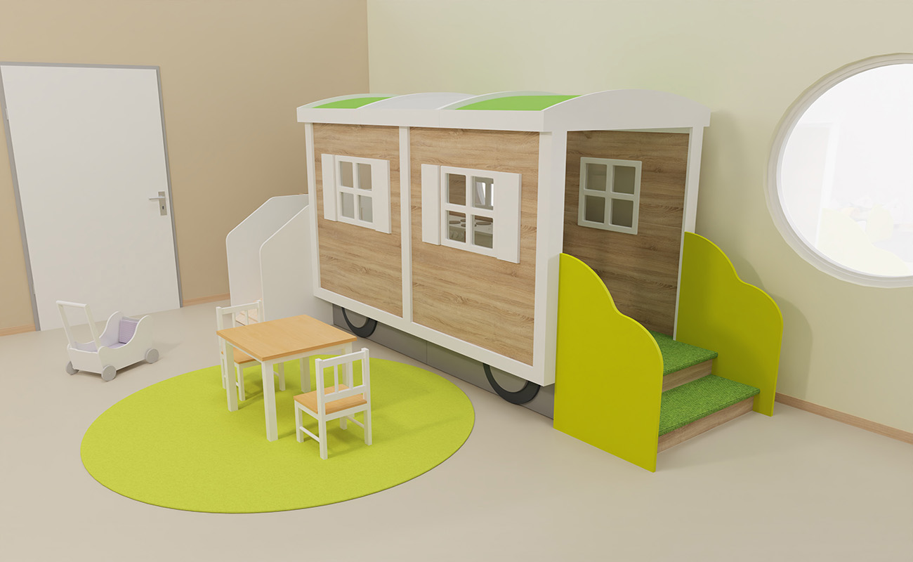 EduCasaBauwagen mit Schirm, Kinderküche, Blumenkasten und Wimpeln, Roleplayset