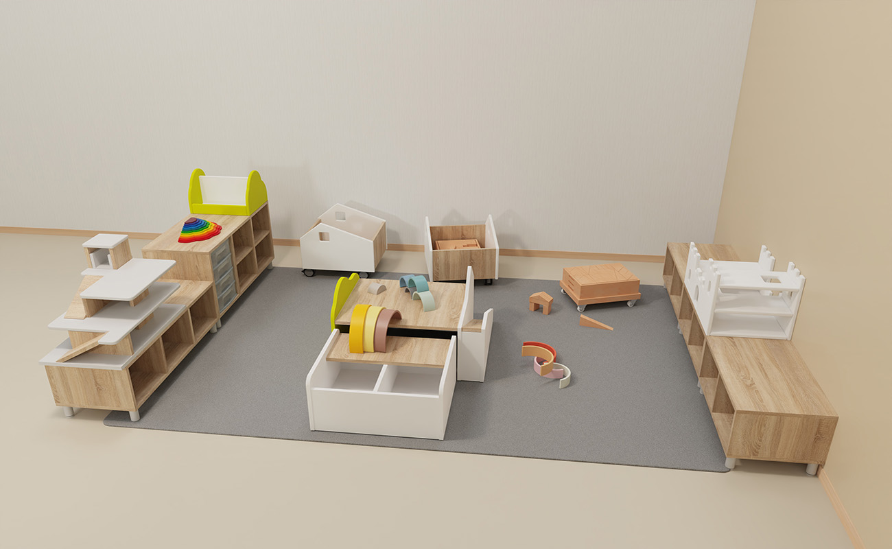 Gruppenraum Bauwagen Raumecke 4 mit EduCasa Bodenspieltisch, Regalaufsatz Parkaus und Ritterburg, Regenbogen, Bausteinwagen, Flexeoregal