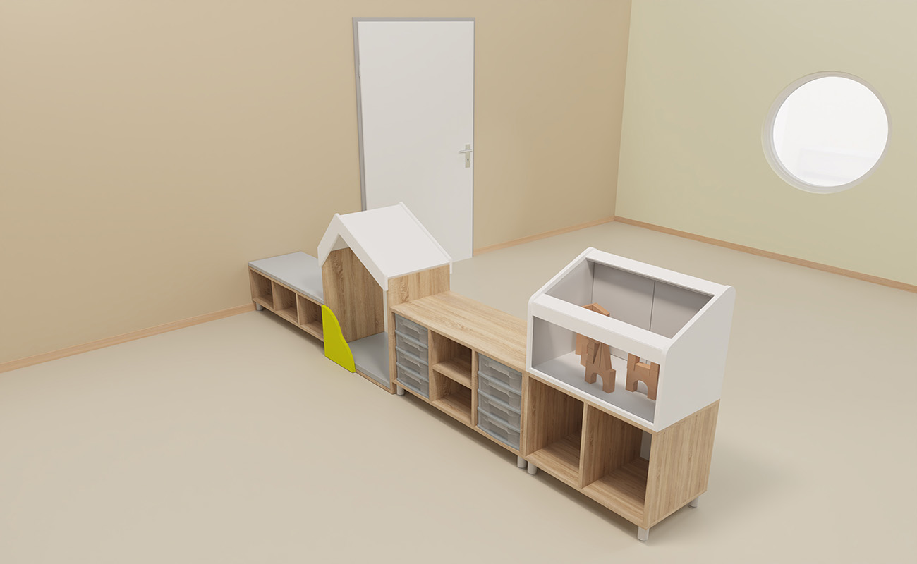Gruppenraum Bauwagen Raumecke 5 mit EduCasa Regal mit Kreidetafel, Vitrinen-Aufsatz und Kriechhaus