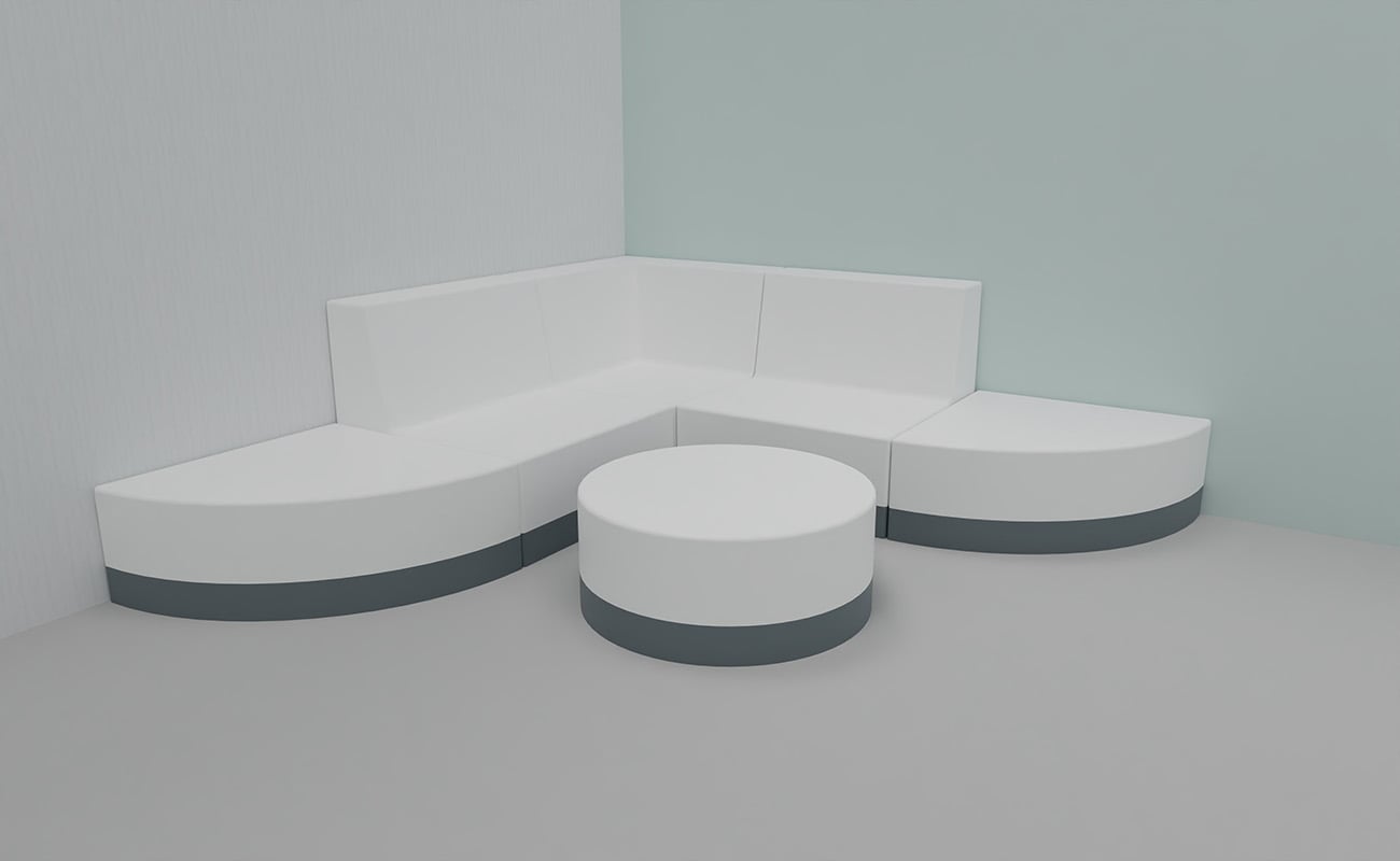 Snoezelraum Lichtspiel Snoezelraum Lichtspiel Sitzecke mit Chillo Sofa und Betzold Rundhocker