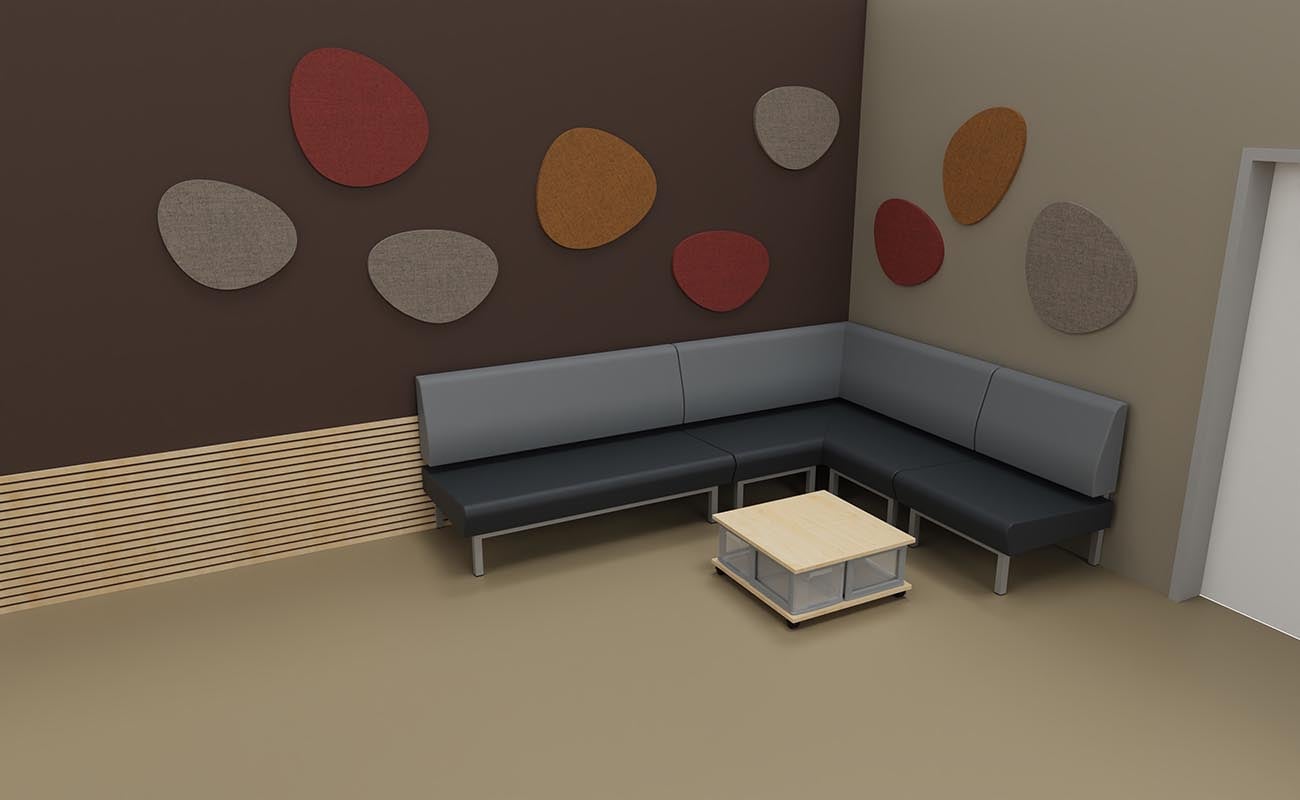 Klassenzimmer Ideenfabrik Sitzecke Klassenzimmer Ideenfabrik Sitzecke mit Chillo Sofas, Flexeo Tisch und xilent Schallschutz an der Wand