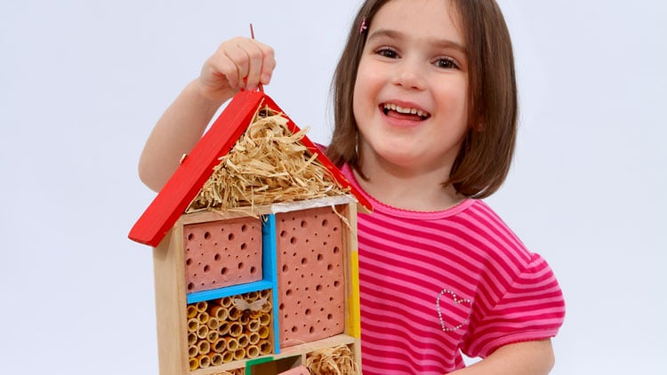 Das Insektenhotel aus dem Betzold Online-Shop wird mit bunten Farben bemalt.