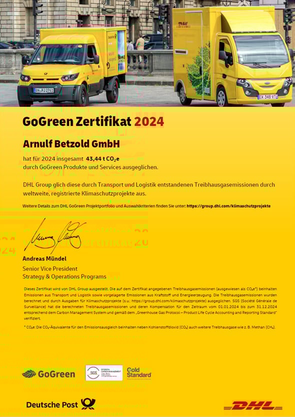 Zertifikat DHL GoGreen klimaneutral