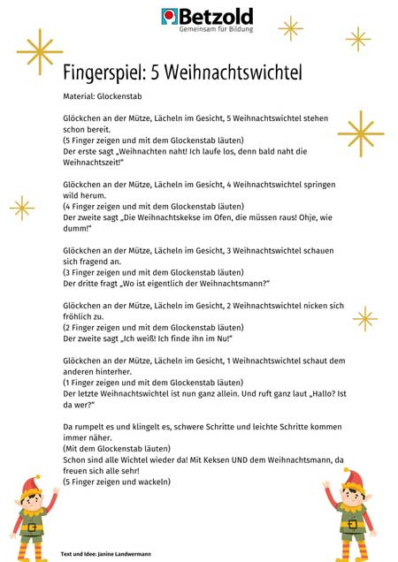 Fingerspiel: 5 Weihnachtswichtel