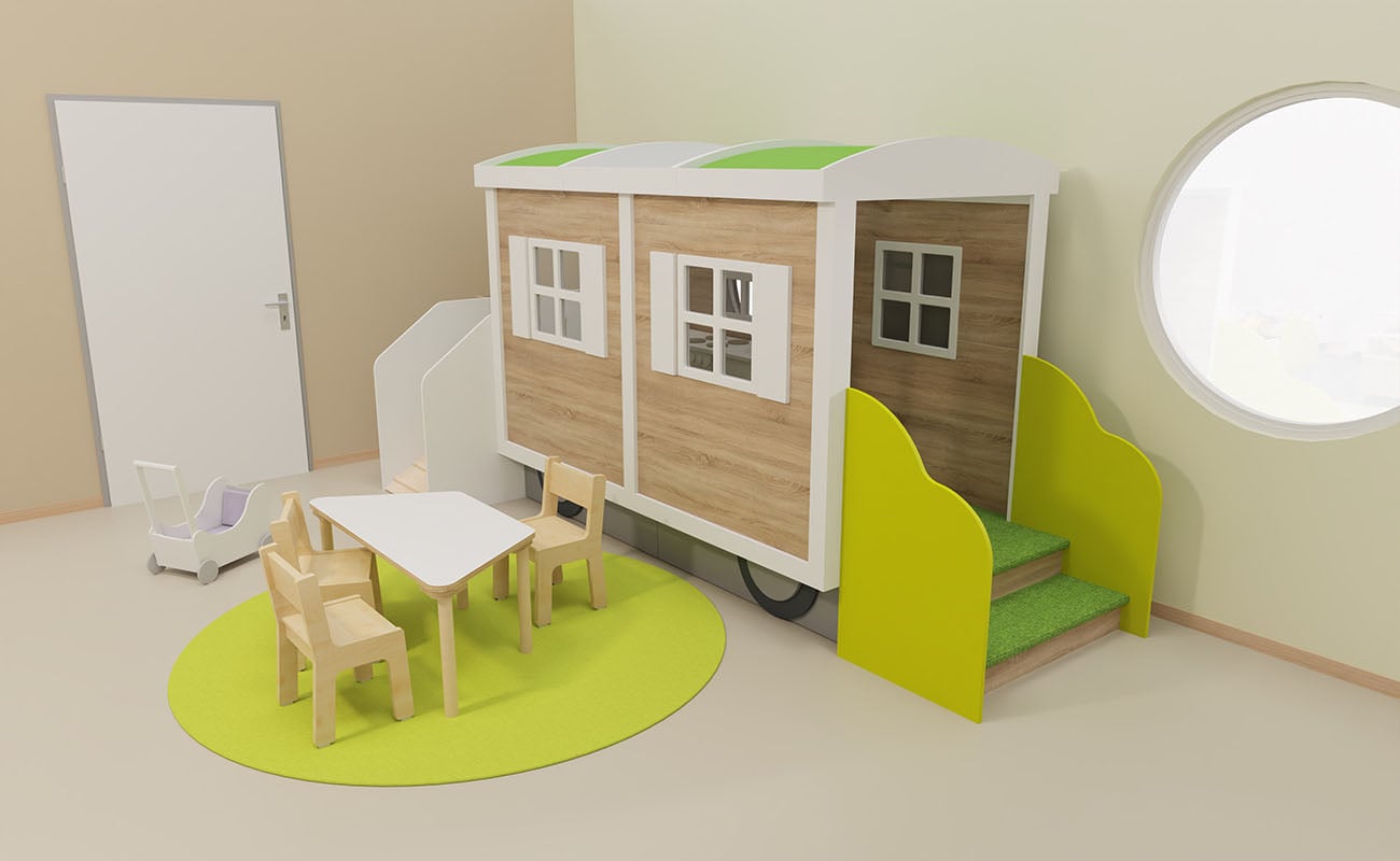 EduCasaBauwagen mit Schirm, Kinderküche, Blumenkasten und Wimpeln, Roleplayset