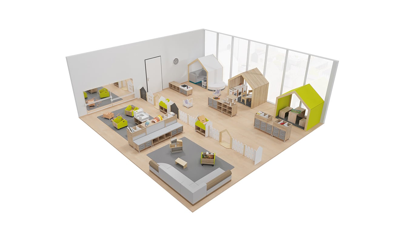 Gruppenraum Spieleparadies mit EduCasa Spielhäusern, Raumtrennern, Betzold Kinderküche, Raumtrenner Gartenzaun, Flexeo Regale und Clubbo Sofa