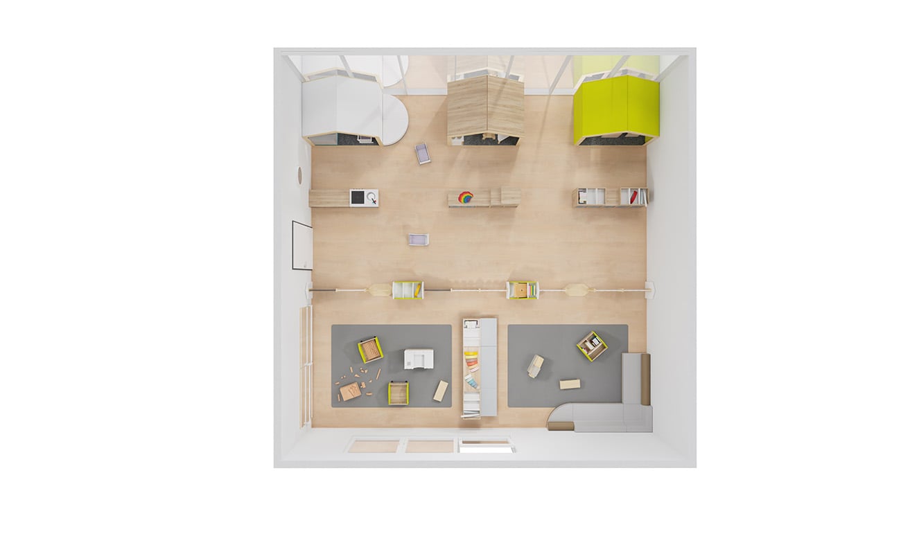 Gruppenraum Spieleparadies mit EduCasa Spielhäusern, Raumtrennern, Betzold Kinderküche, Raumtrenner Gartenzaun, Flexeo Regale und Clubbo Sofa