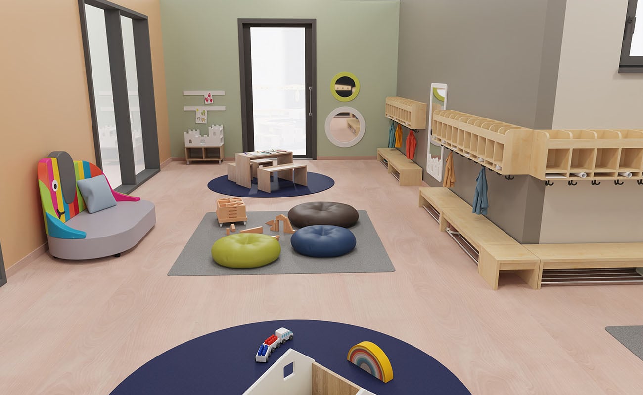 Garderobe Hereinspaziert mit Flexeo Armadio Garderobe, Betzold Elefanten Sofa,  Bodensitzkissen, EduCasa Regalaufsatz Ritterburg, Kindersitzgruppe und EduCasa Spiegel Stadt