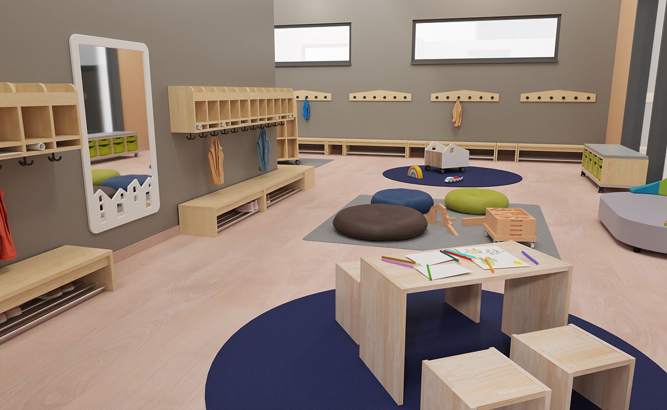 Garderobe Hereinspaziert Ausschnitt mit Betzold Holzsitzgruppe, Flexeo Armadio Garderobe, EduCasa Spiegel Stadt, Etzold Bodensitzkissen und Betzold Elefantensofa