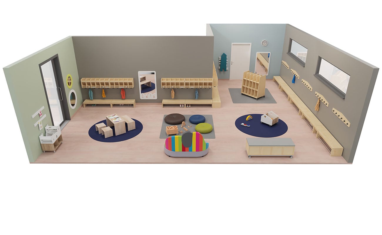 Garderobe Hereinspaziert mit Flexeo Armadio Garderobe, Betzold Elefanten Sofa, Bodensitzkissen, EduCasa Regalaufsatz Ritterburg, Kindersitzgruppe und Elternpostkasten Haus