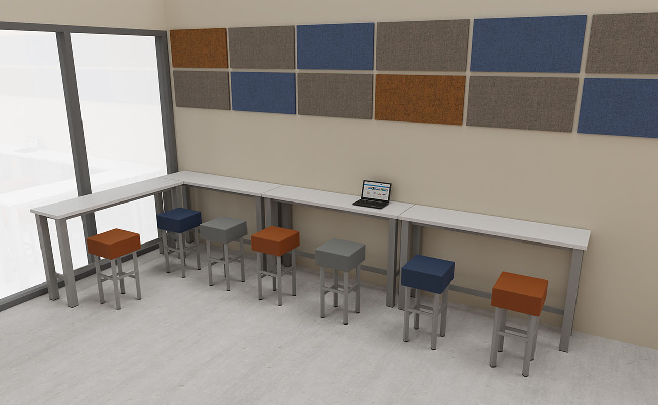 Co-Learning Space Ideenwerkstatt Ecke mit essBar Hochtischen und Hochhockern und Schallschutzelementen