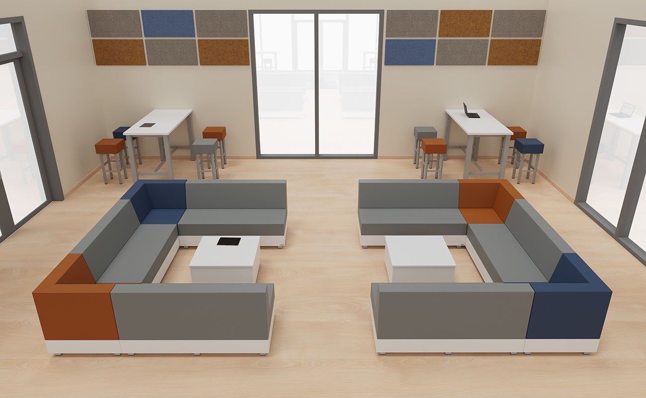 Co-Learning Space Ideenwerkstatt Ecke mit Chillo Sofas, Couchtischen, essBar Hochtischen und Hochhockern und Schallschutz