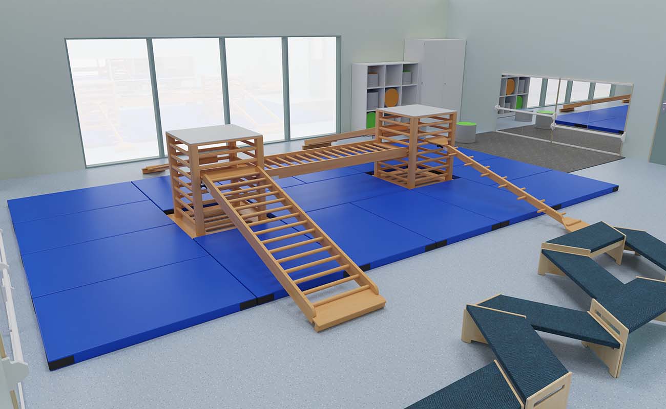 Bewegungsraum Bewegungsdschungel Ausschnitt mit Sprossenturm Active, weichen Bodenmatten, Betzold Trapezbänken zum Balancieren und eduCasa Spiegelwänden