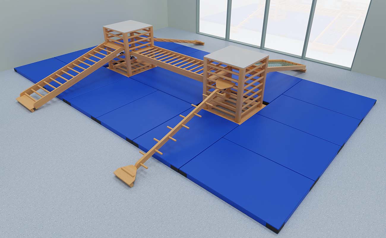 Bewegungsraum Bewegungsdschungel Bewegungsraum Bewegungsdschungel Ecke mit Kletterinsel aus Sprossenturm Active, weichen Bodenmatten und verschiedenen Kletterbrücken