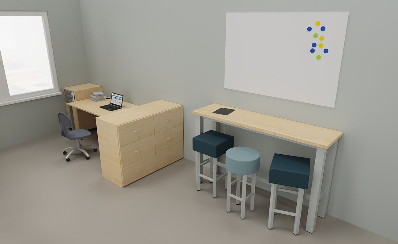 Sekretariat Vertrauensecke mit essBar Tischen, essBar Hockern, Flexeo Schreibtisch und Schrank
