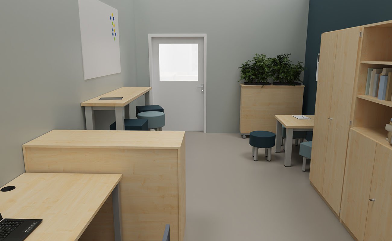 Sekretariat Vertrauensecke mit essBar Tischen, essBar Hockern, Flexeo Schreibtisch und Schrank