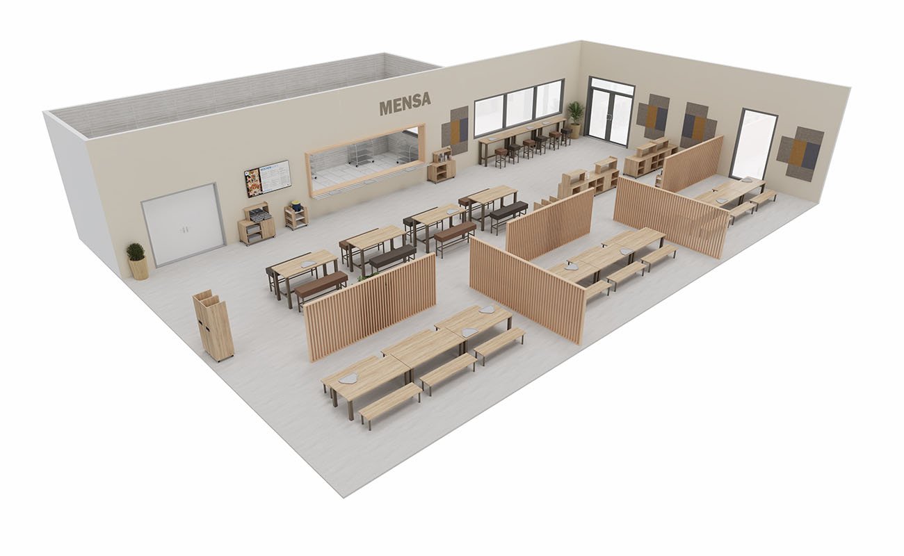 Mensa Kinderbistro mit essBar Tischen und Bänken, Hochtischen und Hochbänken, xilent Schallschutz und Flexeo Tablettwagen