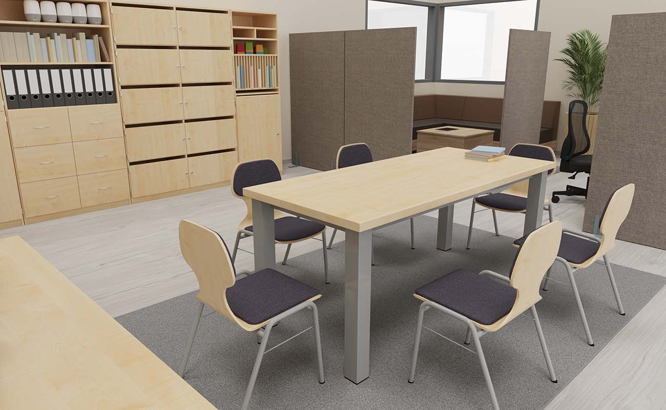 Lehrerzimmer Komfortzone Ausschnitt mit essBar Tisch und Stühlen in Besprechungsecke mit Schallschutz