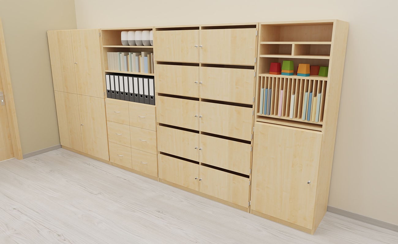 Lehrerzimmer Komfortzone Lehrerzimmer Komfortzone Ecke mit FlexeoAktenschrank, Regalen und Ordnerfächern