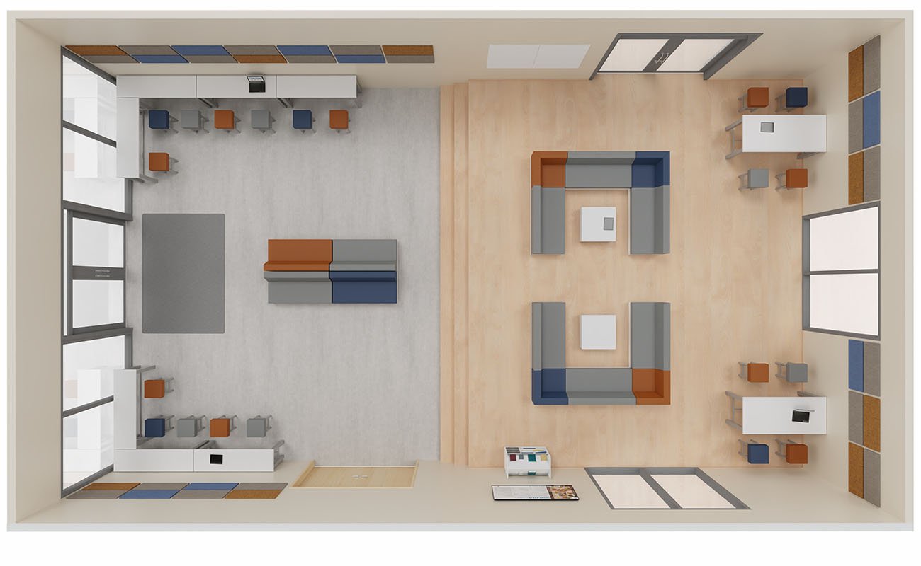 Co-Learning Space Ideenwerkstatt Ansicht von oben mit  essBar Hochtischen und Hochhockern, Chillo Sofas und Betzold Schallschutz