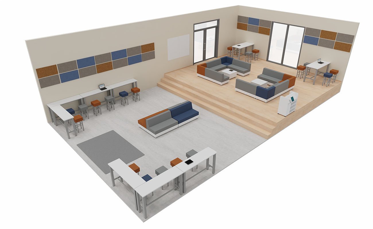Co-Learning Space Ideenwerkstatt Gesamtansicht mit essBar Hochtischen und Hochhockern, Chillo Sofas und Betzold Schallschutz