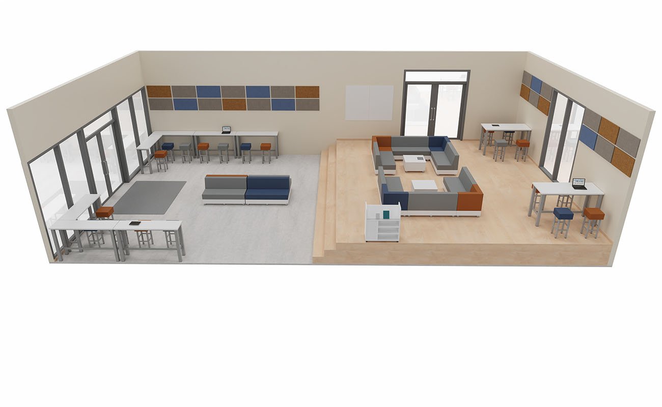 Co-Learning Space Ideenwerkstatt Seitenansicht mit   essBar Hochtischen und Hochhockern, Chillo Sofas und Betzold Schallschutz