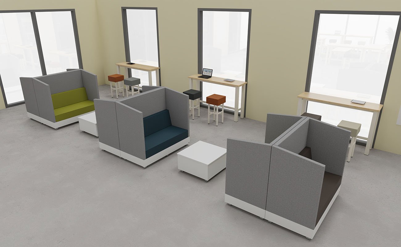 Co-Learning Space LernAtelier Ecke mit  Chillo Schallschutzsofas, essBar Hochtischen und Hochhockern