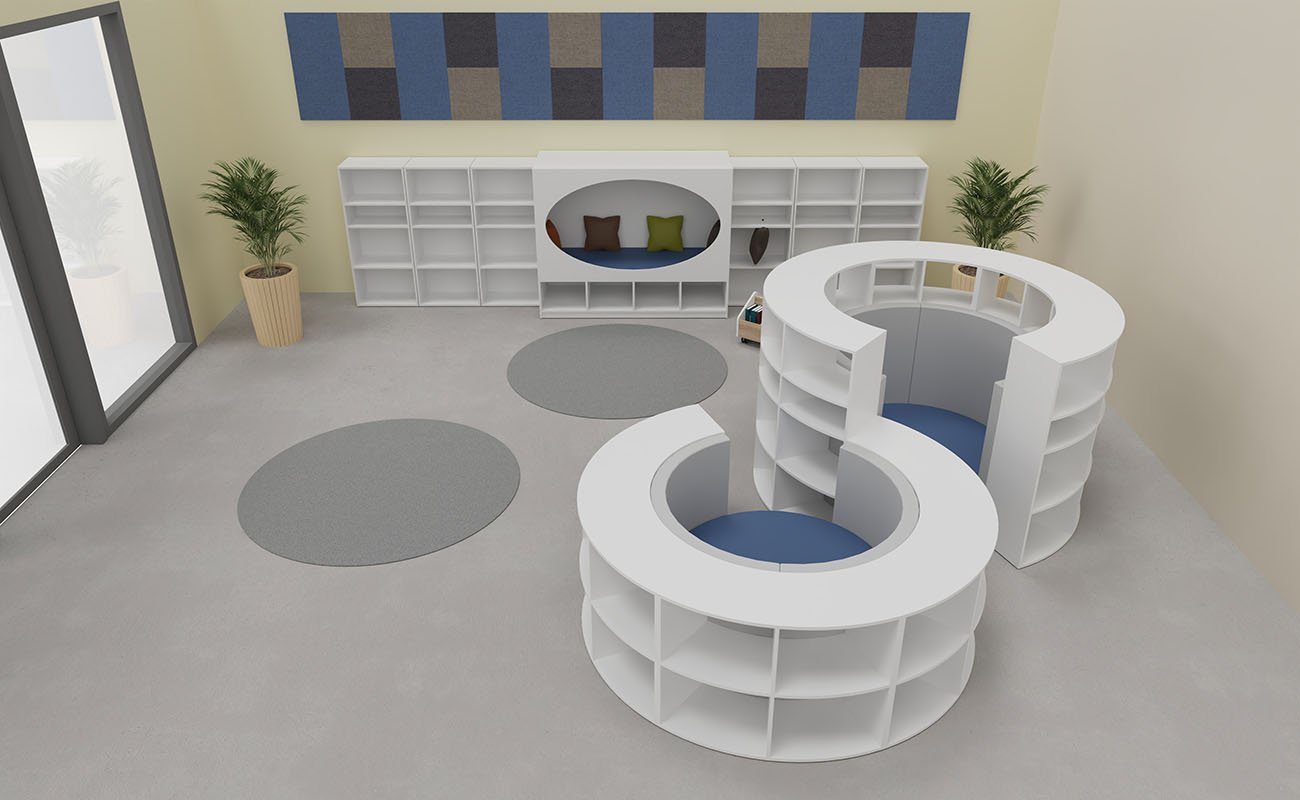 Co-Learning Space LernAtelier Ecke mit Lesetreff Möbeln, lesenest und lesekoje, Kurzflorteppich und Schallschutz