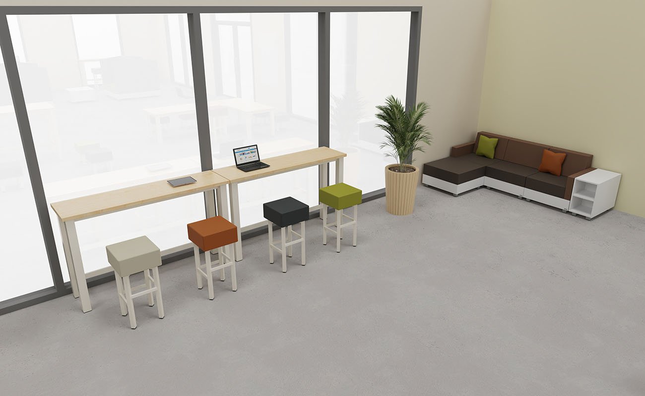 Co-Learning Space LernAtelier Ecke mit essBar Hochtischen, essBar Hochhockern und Chillo Sofa
