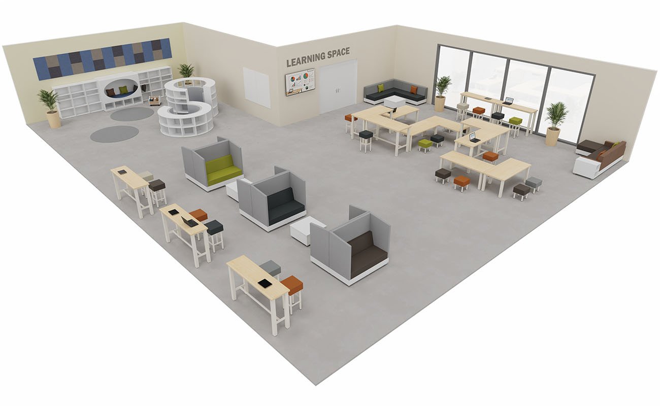 Co-Learning Space LernAtelier mit Chillo Schallschutzsofas, essBar Hochtischen, Betzold Lesetreff und Chillo Sofas