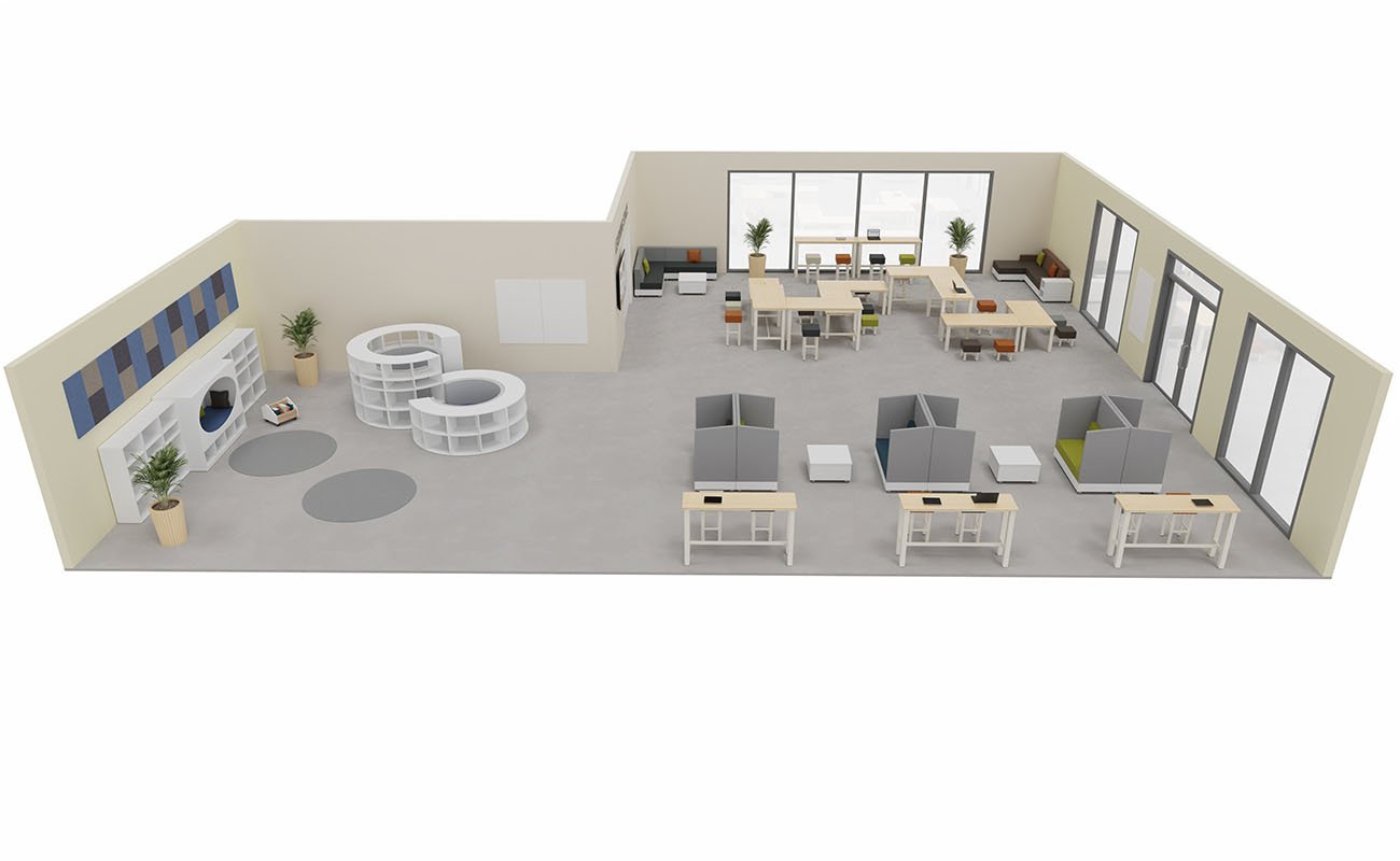 Co-Learning Space LernAtelier Seitenansicht mit Chillo Schallschutzsofas, essBar Hochtischen, Betzold Lesetreff und Chillo Sofas