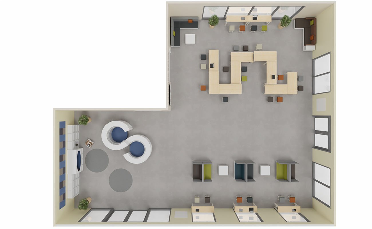 Co-Learning Space LernAtelier Ansicht von oben mit Chillo Schallschutzsofas, essBar Hochtischen, Betzold Lesetreff und Chillo Sofas