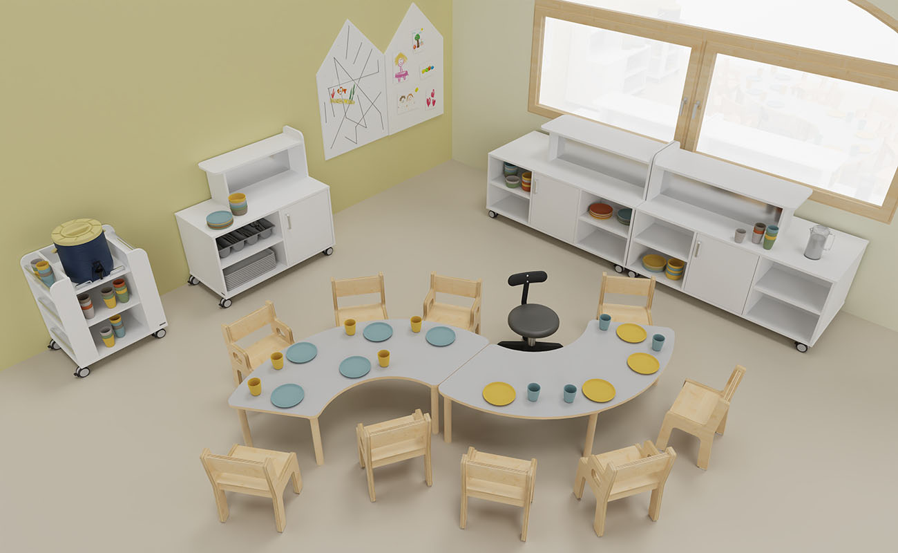 Ess-Ecke Ausschnitt mit Baccus Tischen, TreeNside Kindergeschirr, getränkemobil, Buffetwagen und Magnettafel Haus