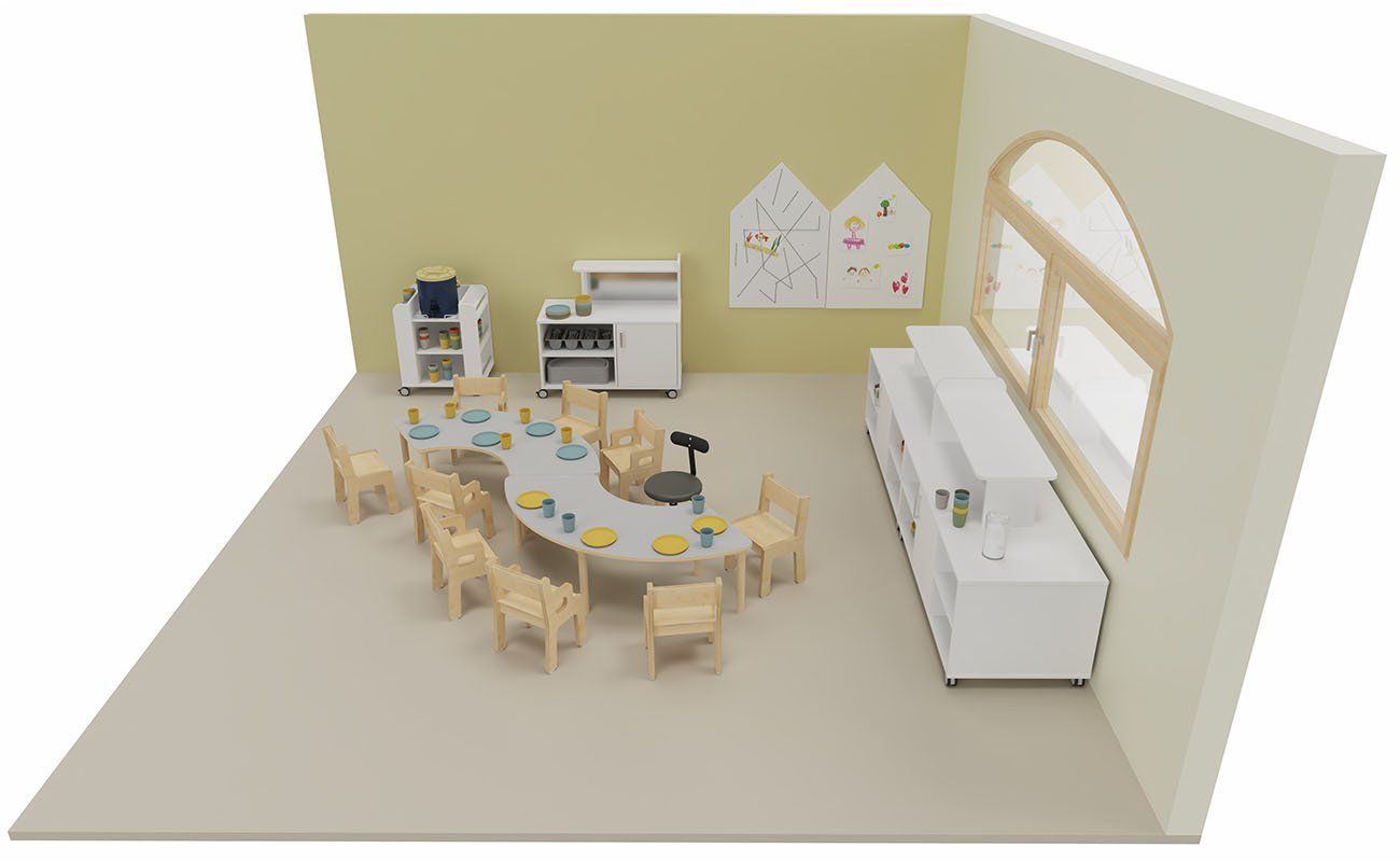 Ess-Ecke mit Baccus Tischen, Getränkemobil, Buffetwagen und TreeNside Kindergeschirr
