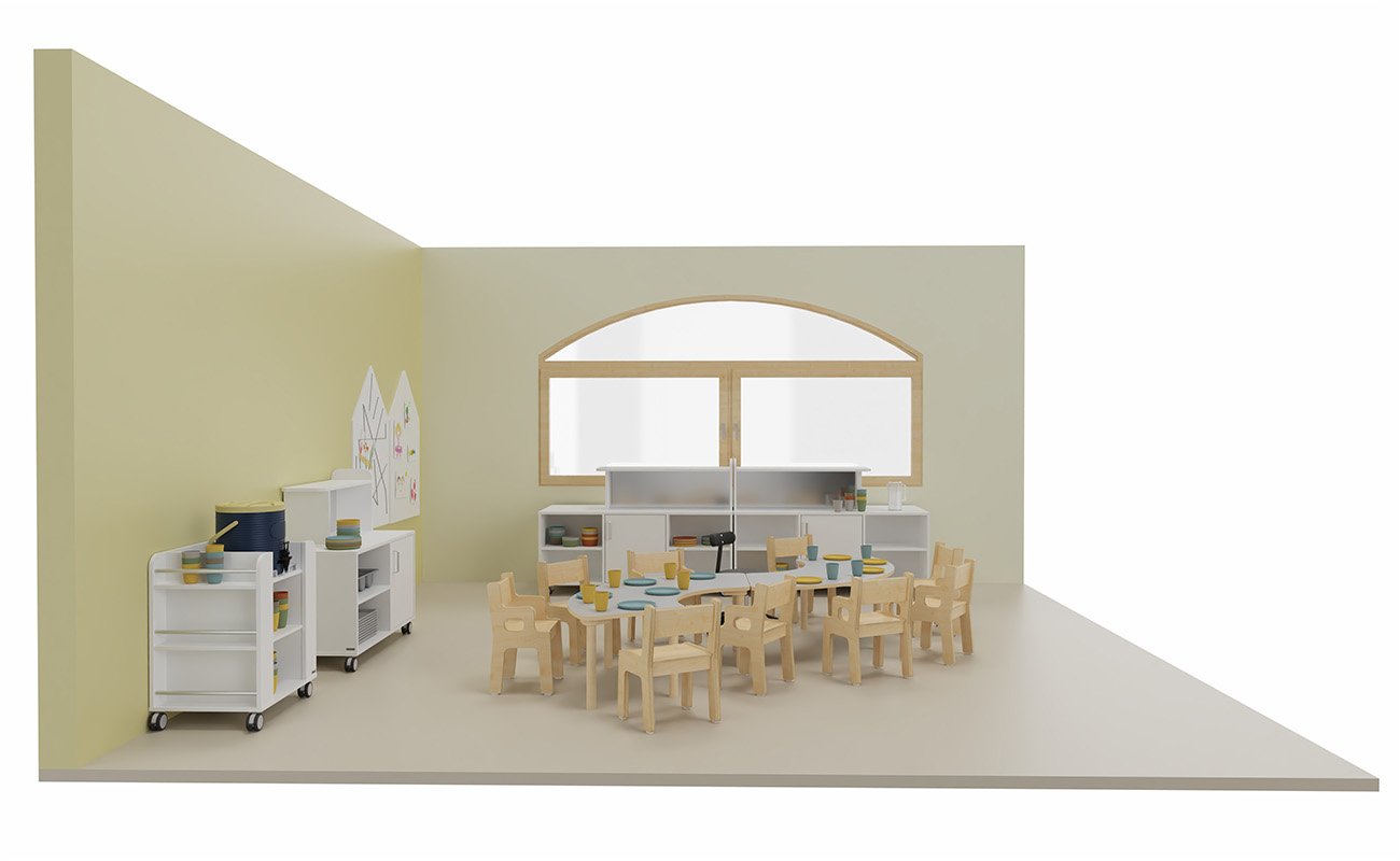 Ess-Ecke mit Baccus Tischen, getränkemobil, Buffetwagen und TreeNside Kindergeschirr