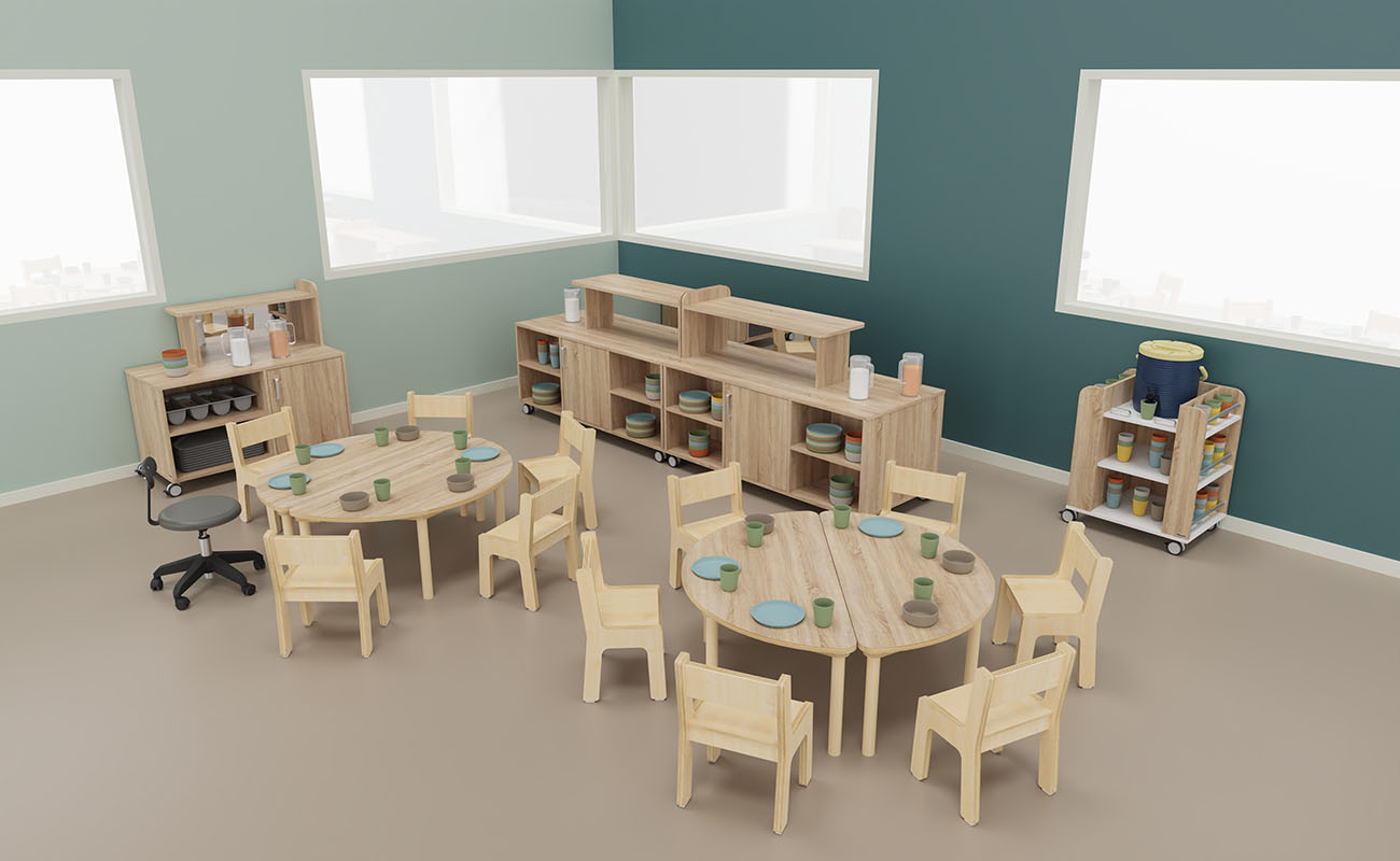 Ess-Ecke Ausschnitt mit Baccus Tischen, TreeNside Kindergeschirr, getränkemobil, Buffetwagen und Magnettafel Haus