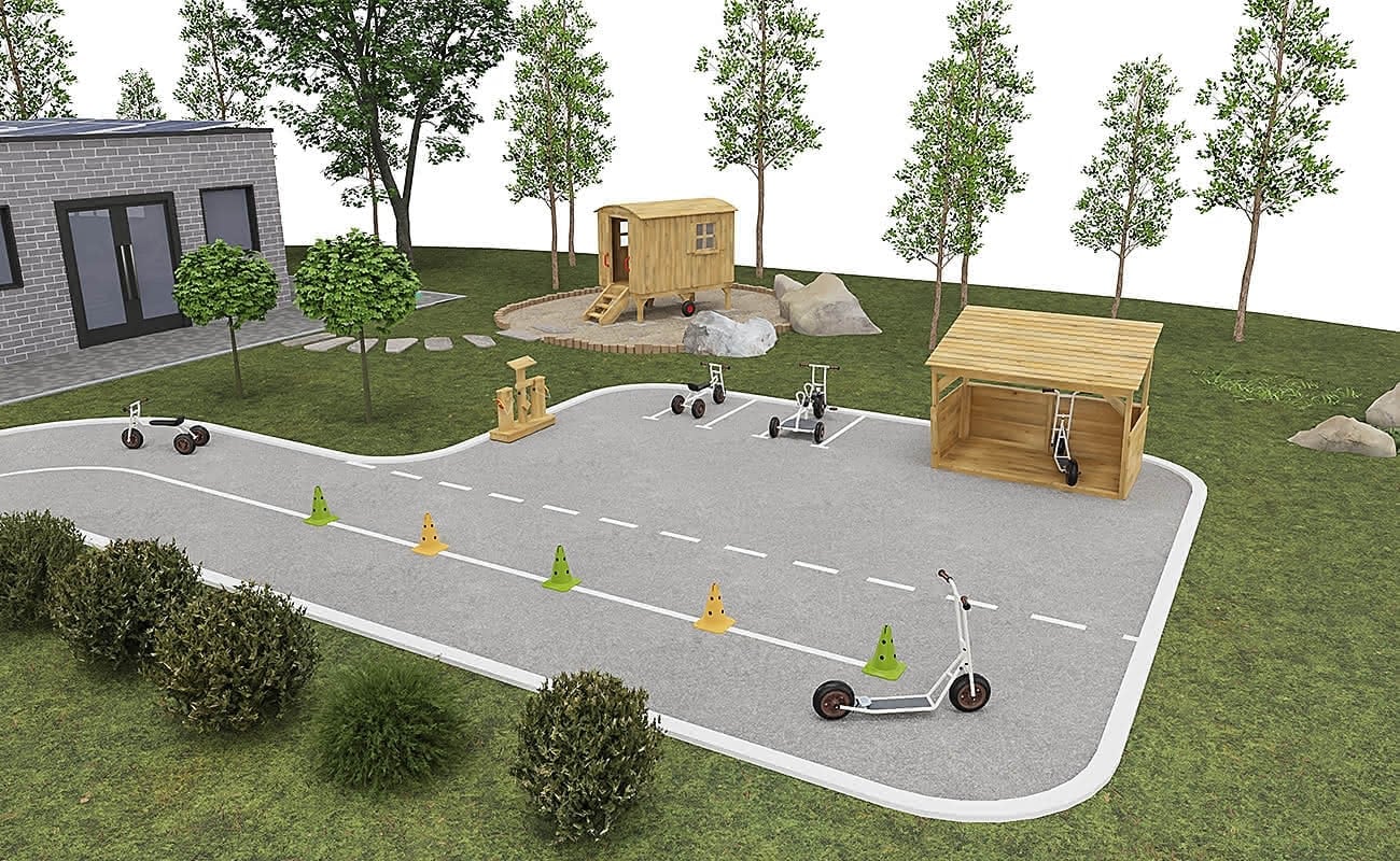 Bewegungsreich Außenbereich Bewegungsreich Ecke mit Betzold Fahrzeugen, Kegeln, Betzold Multiport und Bauwagen