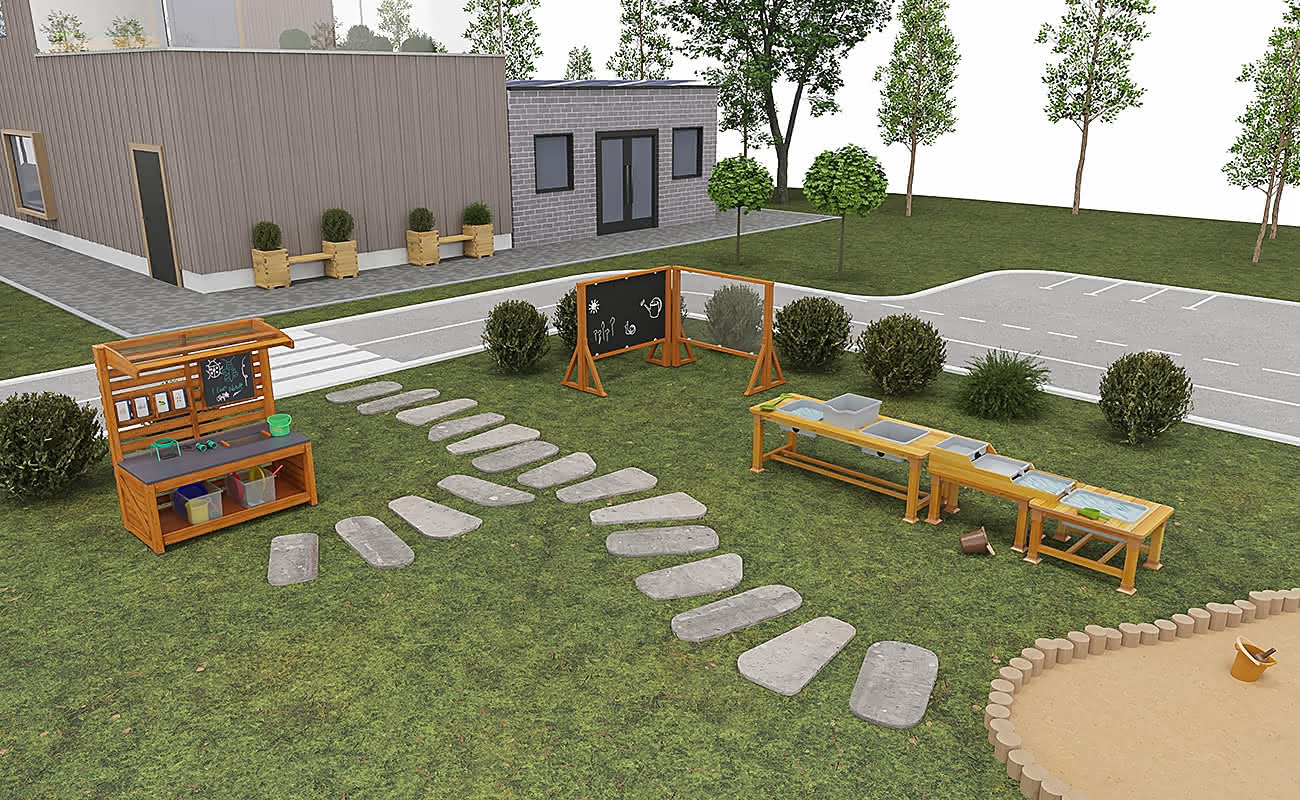 Außenbereich Bewegungsreich Ecke mit Outdoorküche, Outdoortafeln und Matschtisch