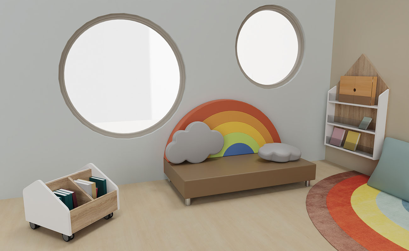 Spielecke Farbenzauber mit Betzold Regenbogensofa, Regenbogenteppich, eduCasa Wandspielen und modularem Puppenhaus