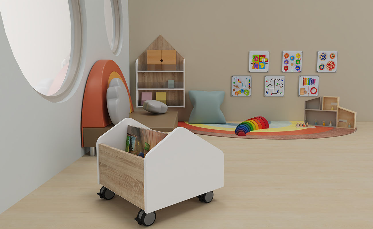 Spielecke Farbenzauber Ausschnitt mit Betzold Regenbogensofa, Regenbogenteppich, eduCasa Wandspielen und modularem Puppenhaus