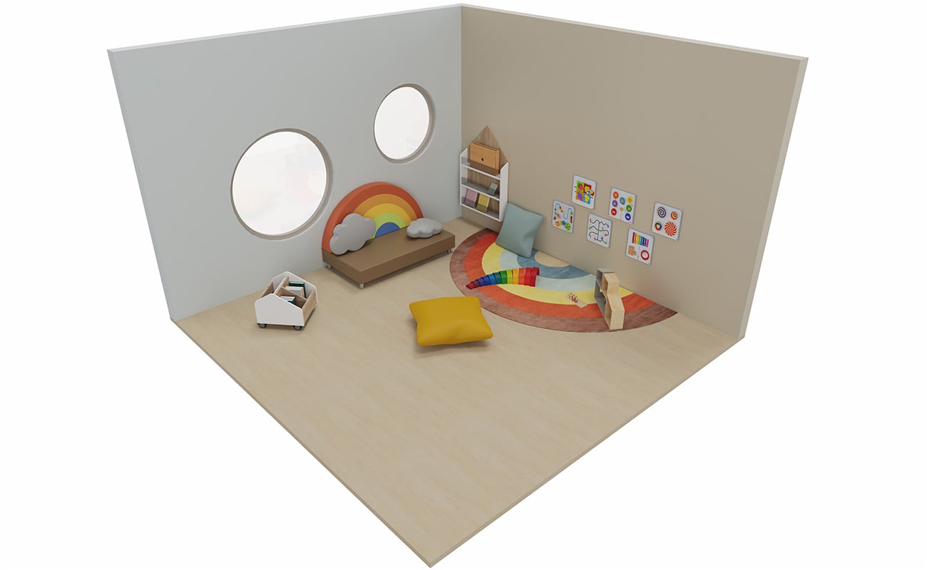 Spielecke Farbenzauber mit Betzold Regenbogensofa, Regenbogenteppich, eduCasa Wandspielen und modularem Puppenhaus