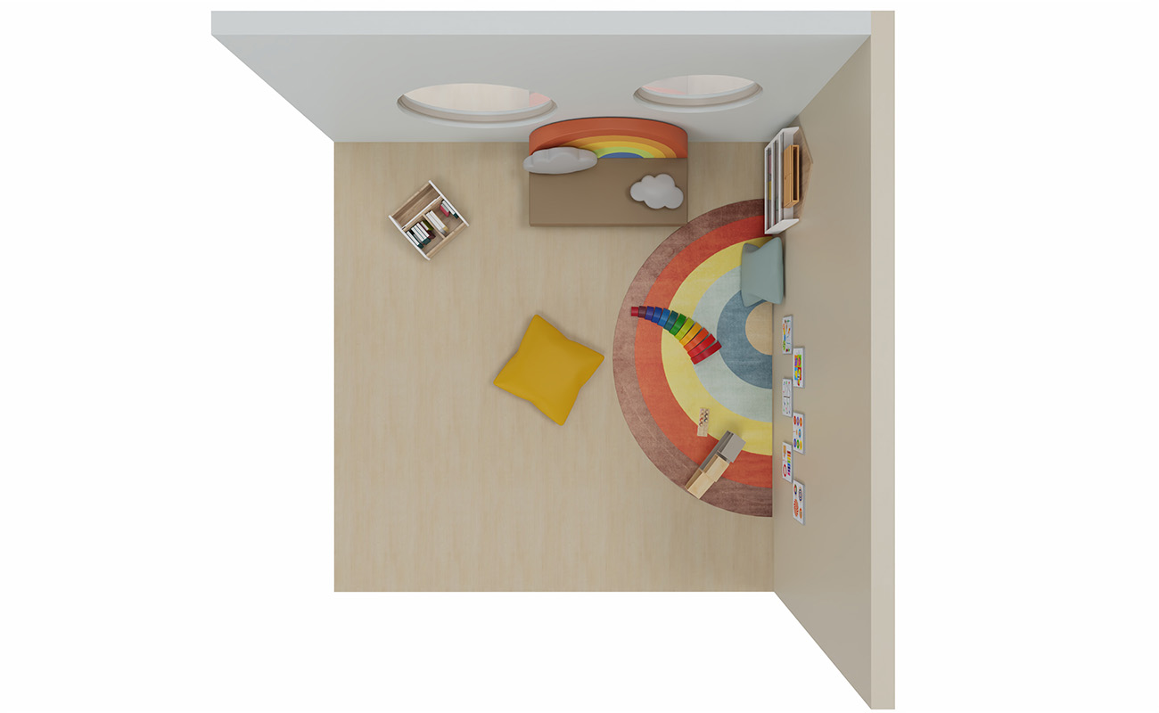 Spielecke Farbenzauber mit Betzold Regenbogensofa, Regenbogenteppich, eduCasa Wandspielen und modularem Puppenhaus