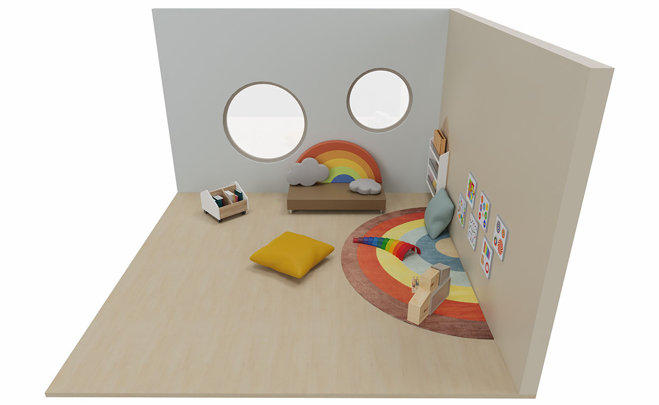 Spielecke Farbenzauber mit Betzold Regenbogensofa, Regenbogenteppich, eduCasa Wandspielen und modularem Puppenhaus