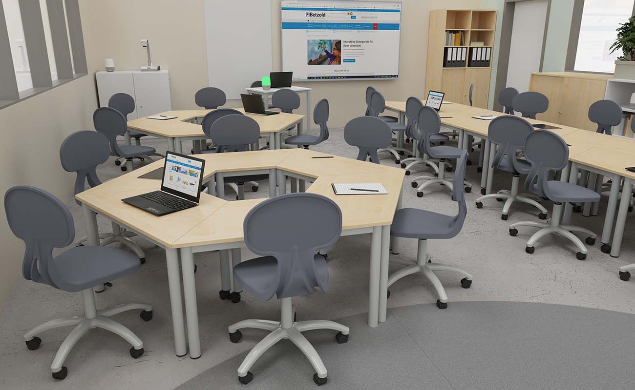 Klassenzimmer Lern-Nest Ausschnitt mit modularen Betzold LernFlex Tischen, X-Tra Stühlen und Chillo Sofa